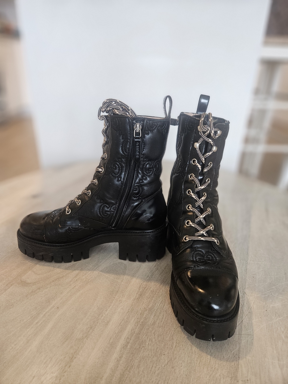 Gucci Black Quilted Leather Platform Combat Boots with Gold Eyelets